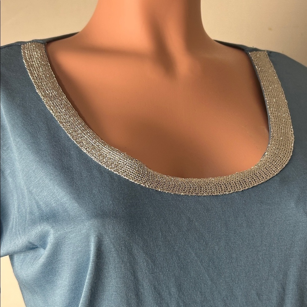 Michael Kors Women's Long Sleeve Blue Top w Silver Embellished Neckline Size M - Picture 2 of 10